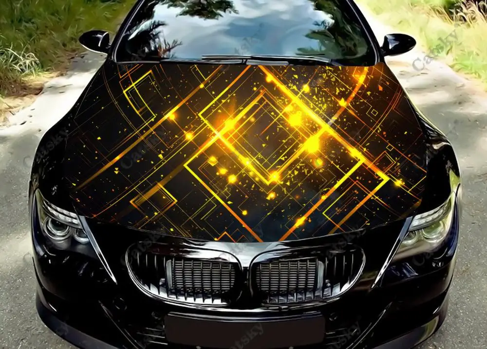 

Абстрактная неоновая Геометрическая виниловая наклейка на капот автомобиля, виниловая пленка, наклейки на крышку двигателя, универсальная защитная пленка на капот автомобиля