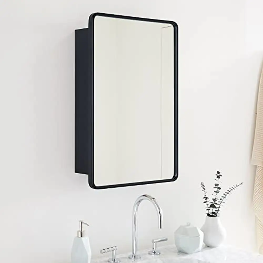 

Surface Mount 16x24 Rounded Rectangle Black Metal Medicine Cabinet with Adjustable Glass Shelves Magnetic Door Mirror Wall Mount