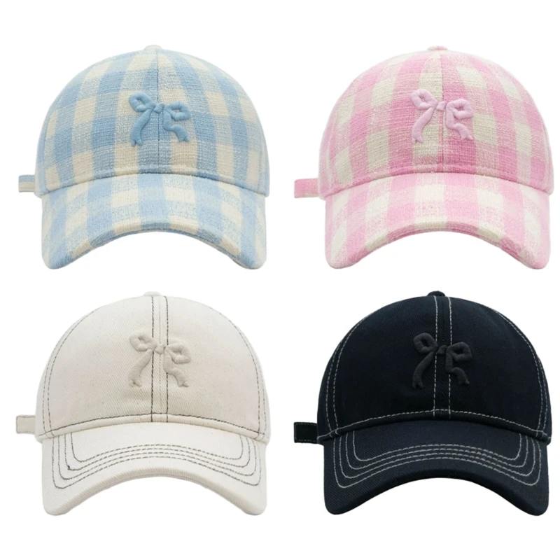 

Vintage Baseball Casual Summer Sport Headwear Checkered Embroidery Bow Dropship