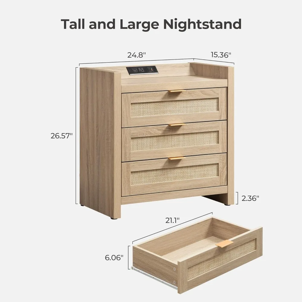 Rattan Nightstands  Bedside Table- Larger Night Stand with Type-C Charging Station,3 Drawers Storage - Boho Night Stands 3