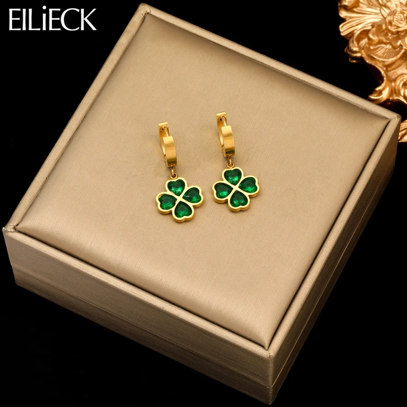 EILIECK 316L Stainless Steel Green Zircon Clover Earrings For Women Fashion Design Ear Dangle Jewelry Holiday Gift Bijoux Серьги