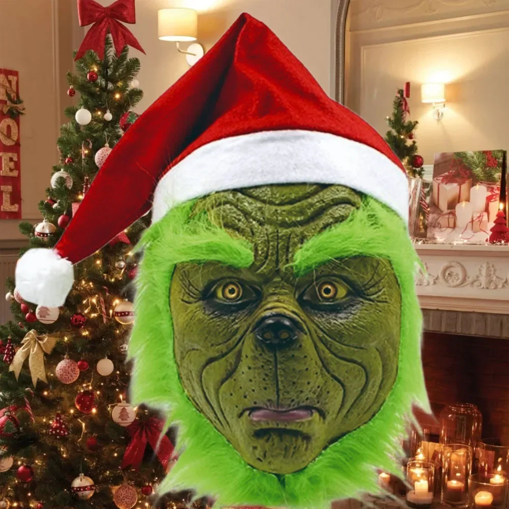 Halloween Mask Halloween Christmas Easter Horror Mask Geek Grinc Latex Mask Hood Cosplay Green Hair Monster Grinch Glove Props
