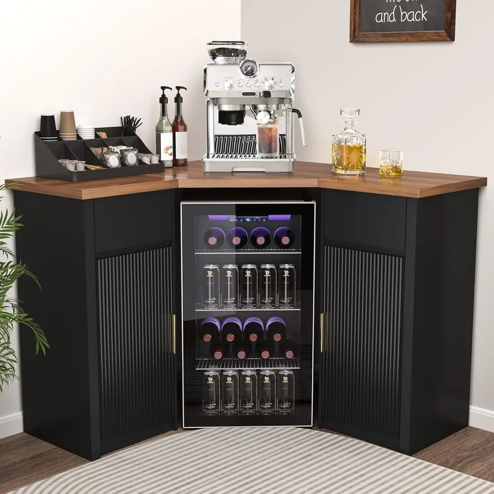 Ridged Bar Cabinet with Storage, Coffee Bar Station, L-Shaped Wine Rack for Home