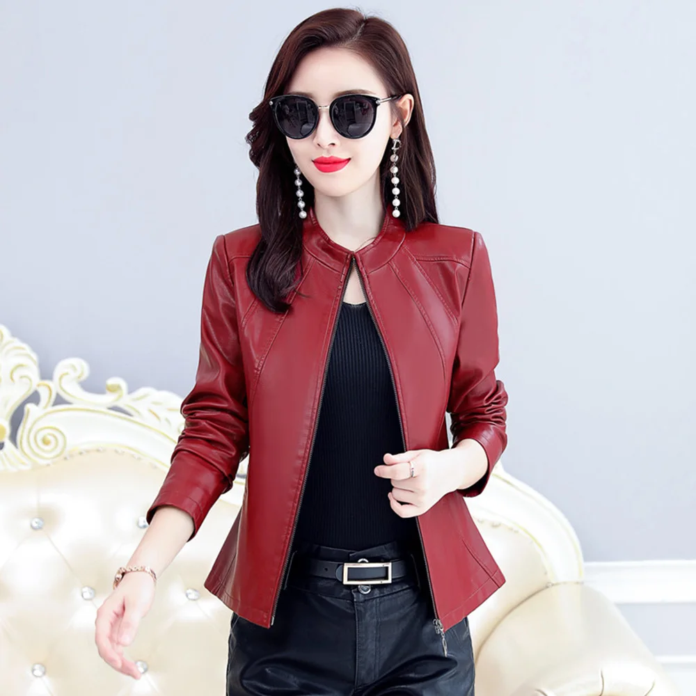 new fashion women s leather jacket pu leather short jacket stand collar jacket women spring and autumn thin leather jacket New Women Leather Jacket Spring Autumn Fashion Small Stand Collar Slim Waist Sheepskin Short Coat Split Leather Biker Jacket