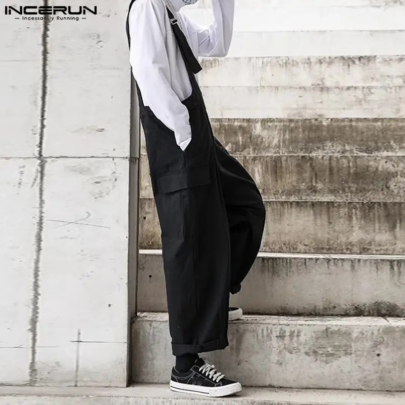 Men Jumpsuits Solid Color Loose Sleeveless Casual One Shoulder Fashion Rompers Streetwear Male Cargo Overalls Pants INCERUN Denim Overalls