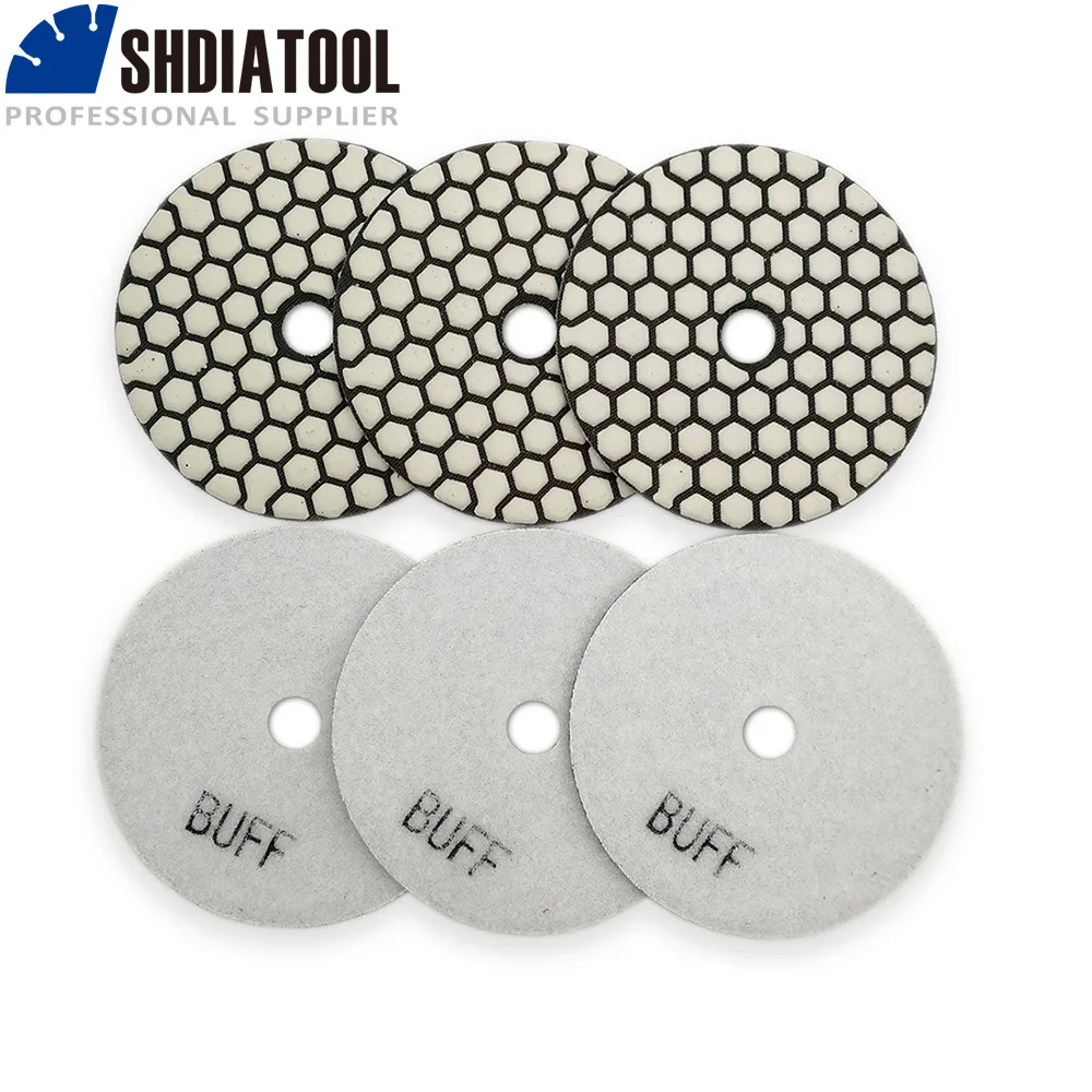 SHDIATOOL 6pcs 4/100mm White Buff Diamond Dry Polishing Pad Stone Resin Bond Sanding Disc Granite Marble Flexible Polosher 3 inch 80mm 4 inch 100mm white buff black buff green buff diamond resin dry polishing pad for stone