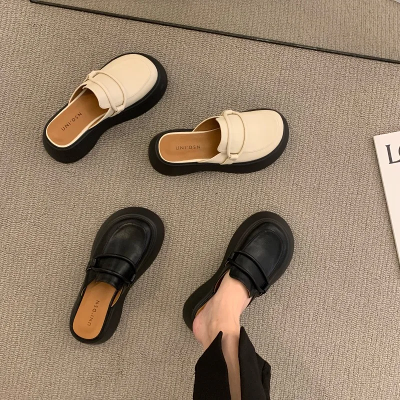 

2024 Fashion Chunky Sandals heels Retro Large Head Women's Slippers Thick Bottom Women's Bag Head Half Slippers Vulcanized Shoes