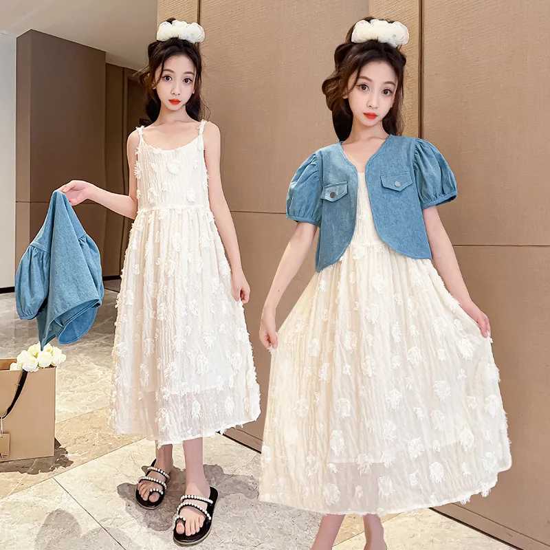 

ZOETOP 2024 Korean Summer School Girl Clothing Set Junior Girl Denim Bubble Sleeve Cardigan+Lace Slip Dress Sets For Children