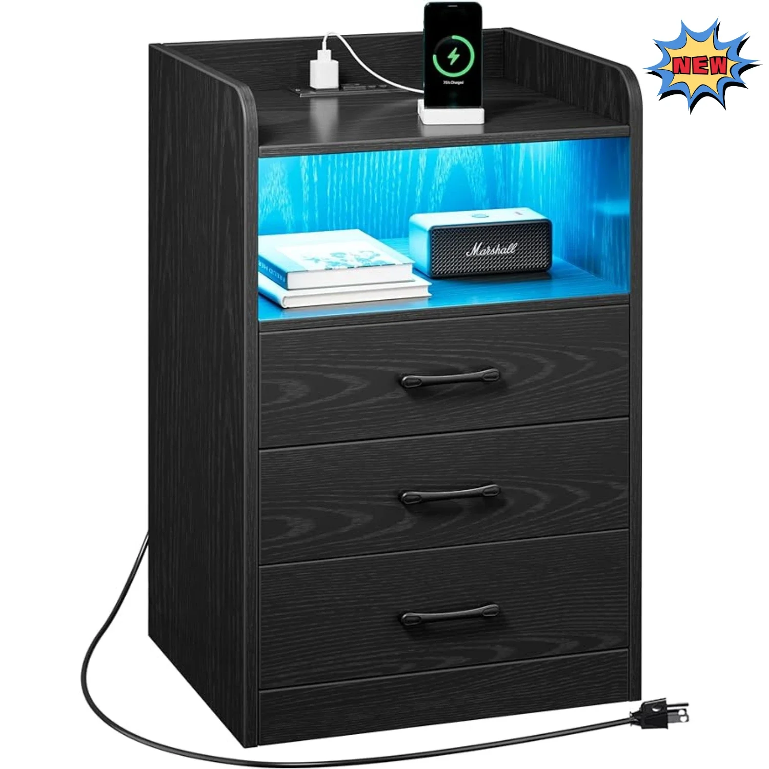 

Nightstand w/ Charging Station & LED Light Strips, Night Stand w/ Drawers, End Table w/ USB Ports & Outlets