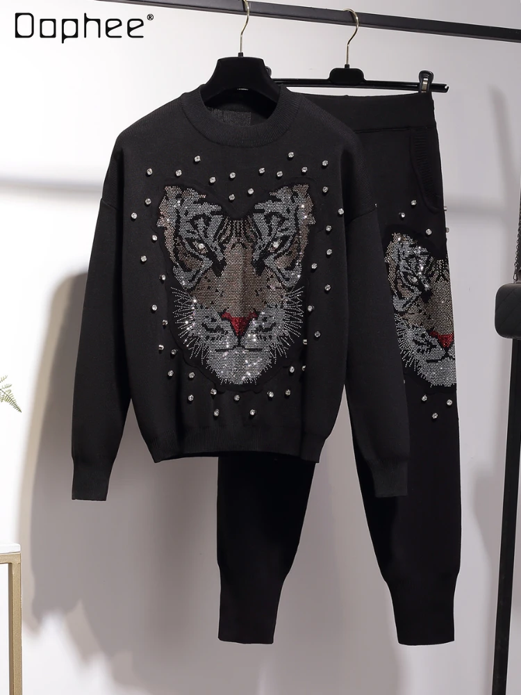 Heavy Industry Cartoon Rhinestone Knitting Suit Women Autumn Winter Round Neck Long Sleeve Pullover Sweater Top and Pant Set