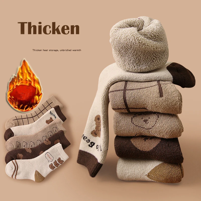 5 Pairs/lot Winter Kid\'s Socks Child Boy\'s Girl\'s Cartoon Bear Warm Cotton Socks Toddler Knitted England Style Warm socks
