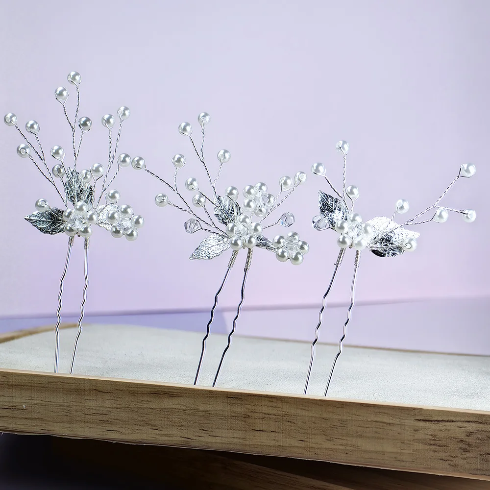 Flower Bridal Wedding Hairpin Silver Leaf Bridal Hair Ornament Rhinestone Hair Ornament for Women & Girls (Set of 3)
