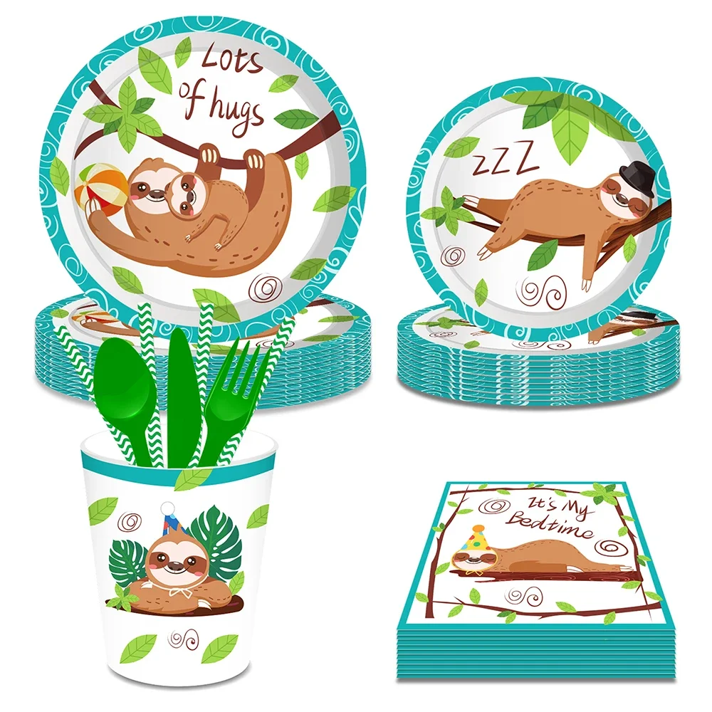 Description Picture 3 of itemCartoon Animals Sloth Jungle Birthday Party Disposable Tableware Sets Banner Backdrops Wild ONE Baby Shower Party Decorations