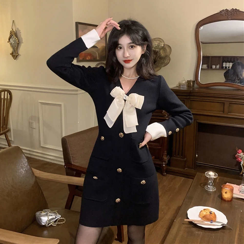 

Small Fragrant Wind Knitted Dress Women's Autumn Winter V-Neck Waist Mini Dress Ladies Elegant Office Black Bowknot Dresses Robe