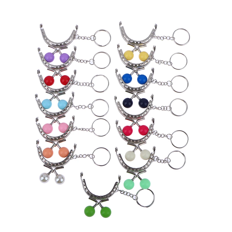 

1Pc Lovely 5CM Silver Metal Purse Frame Colorful Bead Head With KeyChain Frames Kiss Clasp DIY Bag Accessory