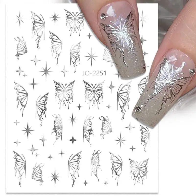 Silver Black White Butterflies 3D Nail Sticker Metal Butterfly Star Crucifixion Adhesive Slider Wraps Manicure Gel Polish Decals Nail Art Decoration
