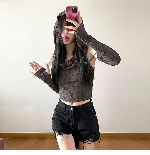 Sexy Hole Oversleeve Crop Top Women Aesthetic Black T-shirts