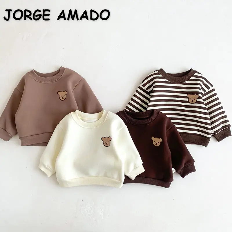

New Winter Clothes for Girl Boy Sweatshirts Long Sleeves Apricot Brwon Coffee Striped Bear Fleece Top Kid Clothing E03498