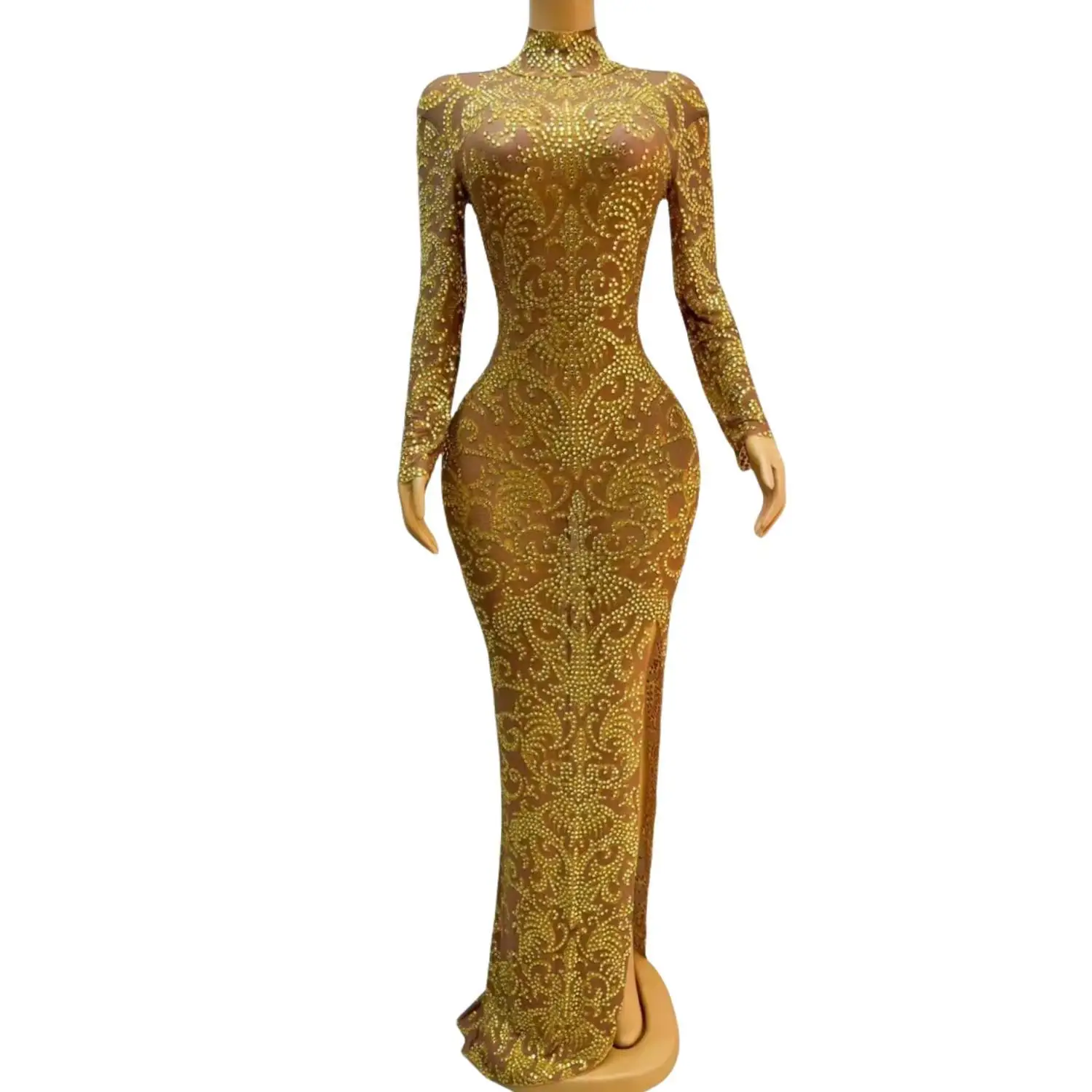 

Sparkling Rhinestone Wedding Party Long Dress Women Elegant Evening Dress Crystal Dress Sexy Singer Stage Costumes Feast Dress