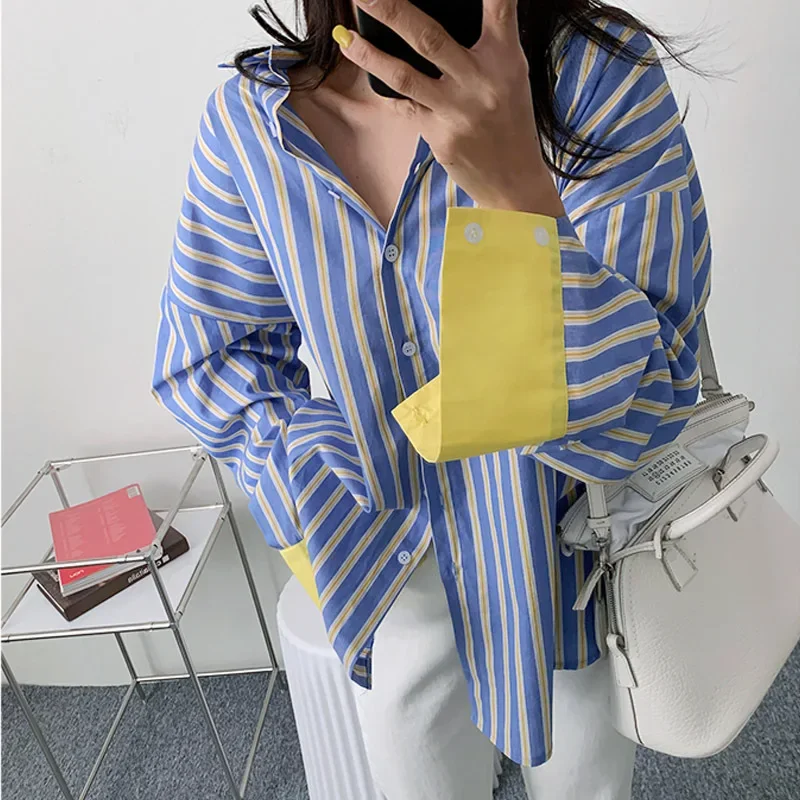 SuperAen Spring and Summer New Color Contrast Striped Shirt Women\'s Korean Loose Long Shirt Fashion Tops