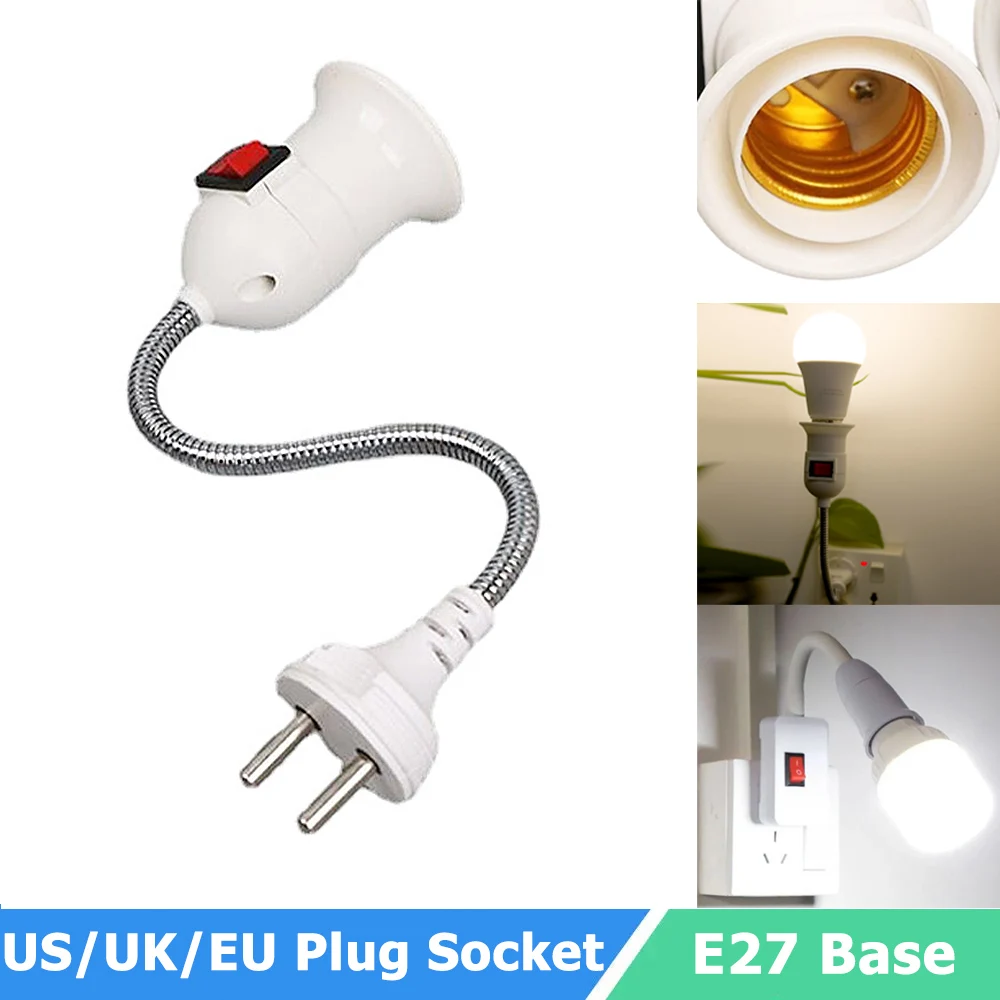 E​27 LED Bulb Socket US/EU/UK Plug Lamp Holder With Switch 110V 220V Energy Saving Lamp Screw Base Converter Adjustable Bend digital lcd power meter 220v ac eu us plug wattmeter socket wattage kwh energy meter measuring outlet power analyzer