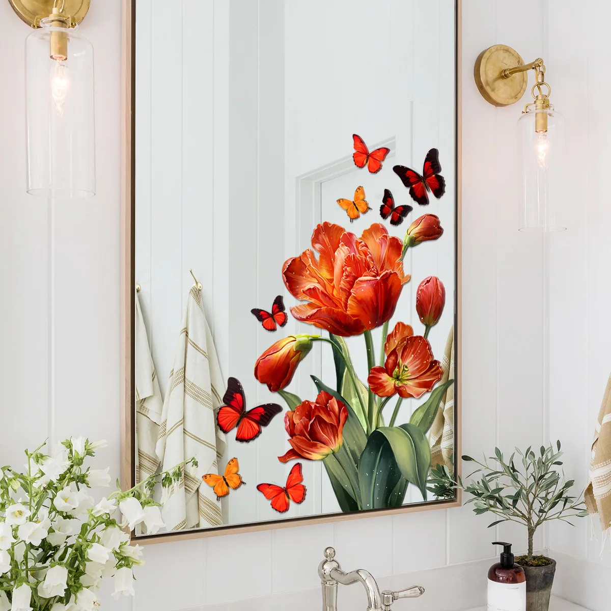 Window Stickers Fresh Floral Orange Tulip Colourful Butterfly Window Cling Static Sticker For Home Office School Shop Window Glass Decor