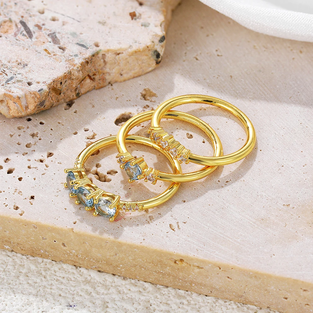 3pair/set Exquisite Gold Plated Blue Crystal Zircon Rings Bride Wedding Jewelry Accessories Wholesale Charm Finger Ring Aneis