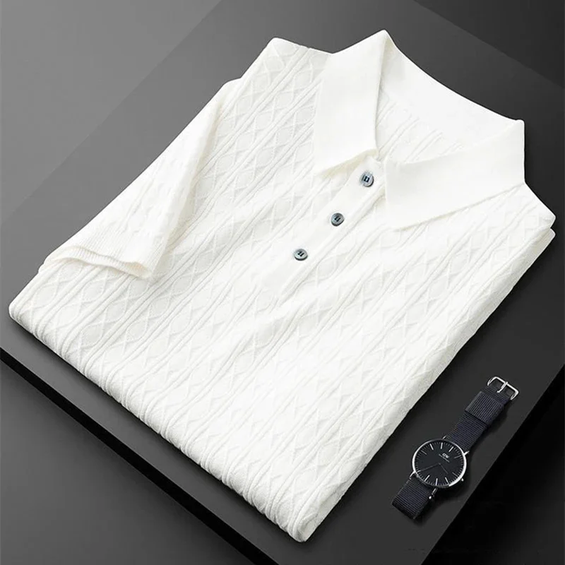 

2024 Summer Ice Silk Knitted lapel T-shirt Men's Paul Top British Retro Fashion Jacquard Short Sleeve polo shirt Casual Men