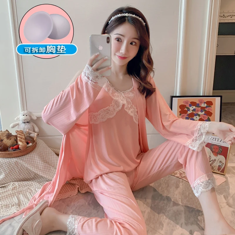 Pajamas women's spring and autumn chest pads 2024 new ins Korean version of lace suspenders printed home clothes 3-piece set