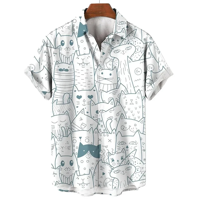 thumbnail image 1 of Camisa con estampado de gato de dibujos animados en 3D para hombre, cómoda, de verano, de manga corta, informal, holgada, de secado rápido, hawaiana, 1 of 5