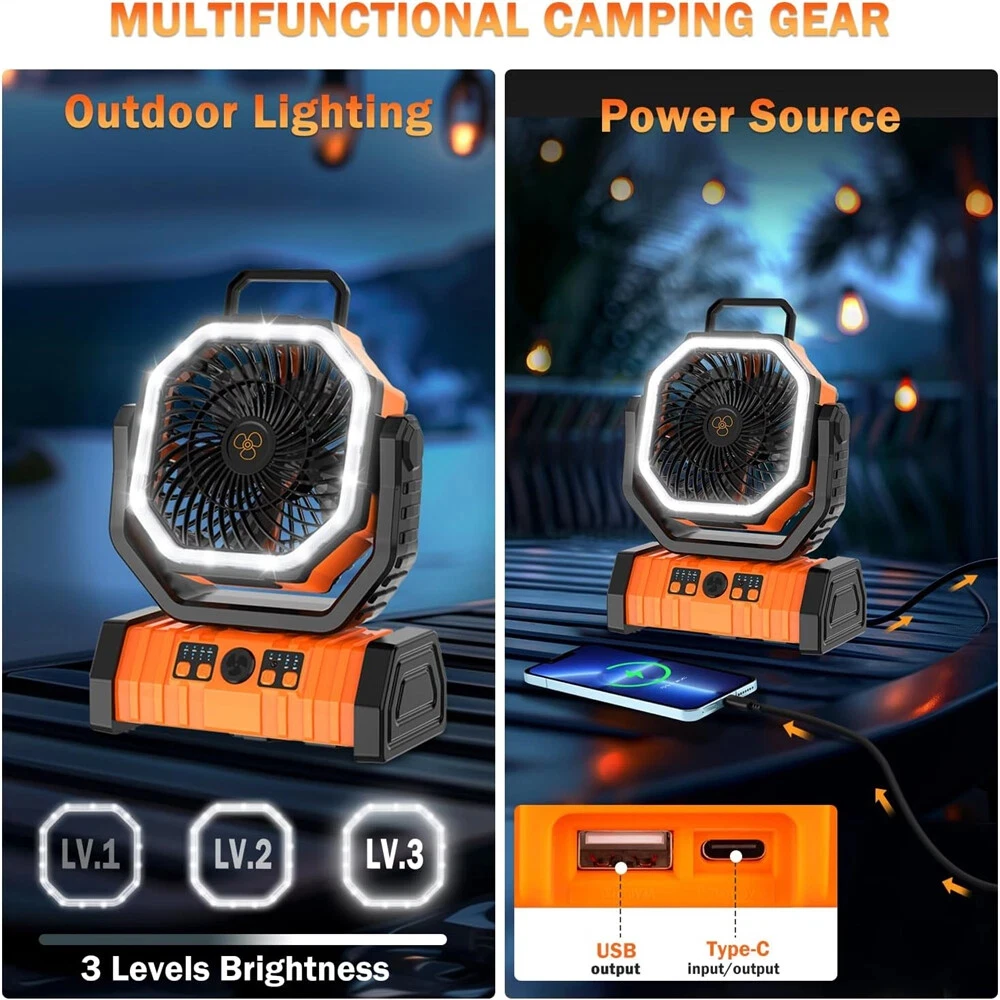 20000mAh Battery Operated Portable Rechargeable Desk/Camping With LED Light And Hook Outdoor Fan For Tent Car Trip_voghion.com