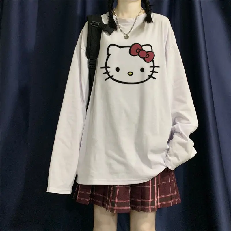 

Футболка Hello Kitty Новинка Y2K Kawaii аниме мультфильм 2023 Sanrios топ с коротким длинным рукавом оверсайз Харадзюку Повседневная Свободная футболка п...