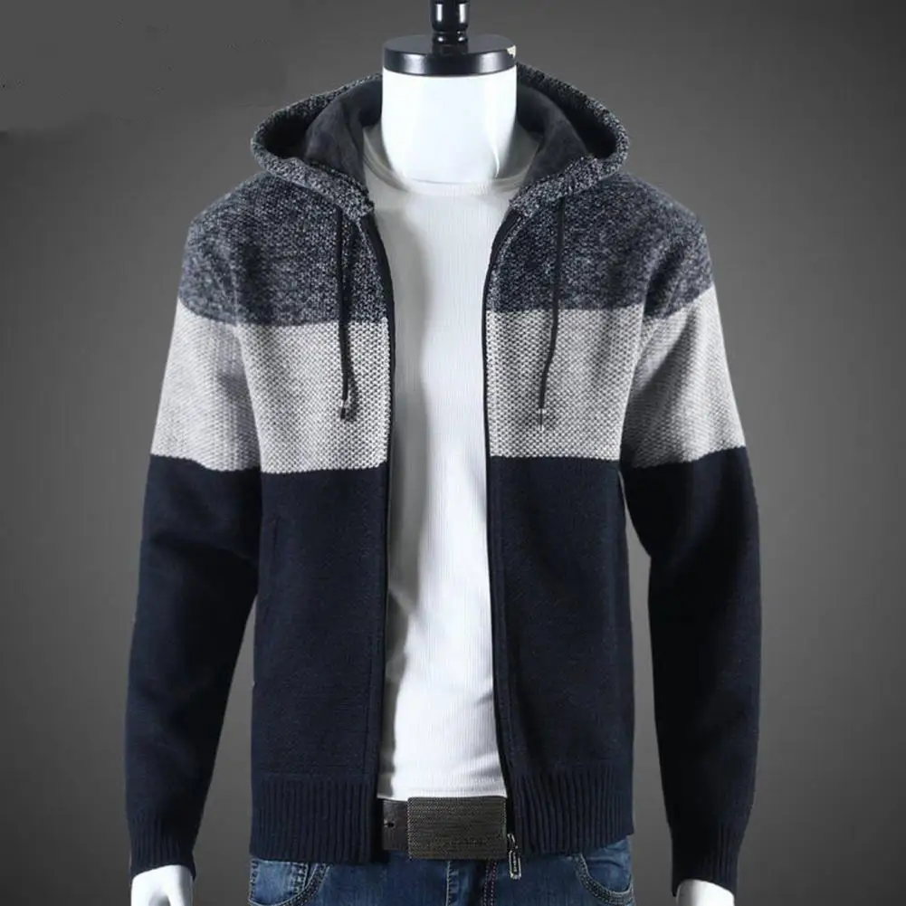 Men Winter Autumn Sweater Jacket Colorblock Knitted Hooded Drawstring Thick Long Sleeve Warm Zipper Closure Men Cardigan Coat