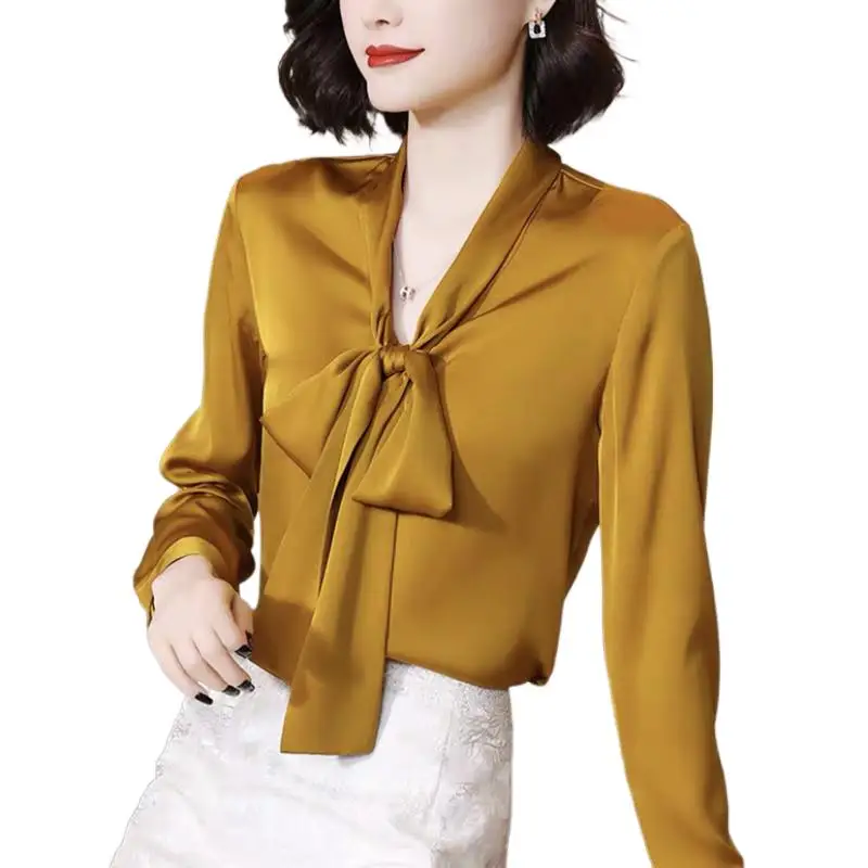 

Women Elegant Acetate satin Blouse Tops 2023 Long Puff Sleeve Sexy Lace Up artificial silk Blouse Ladies Fashion Shirt Tops