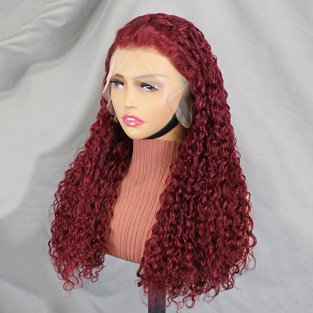 300% 12A Double Drawn Water Wave Curls Curly Human Hair Wig 99J Brown Color 13x4 Lace Frontal Hair Wig for Black Women