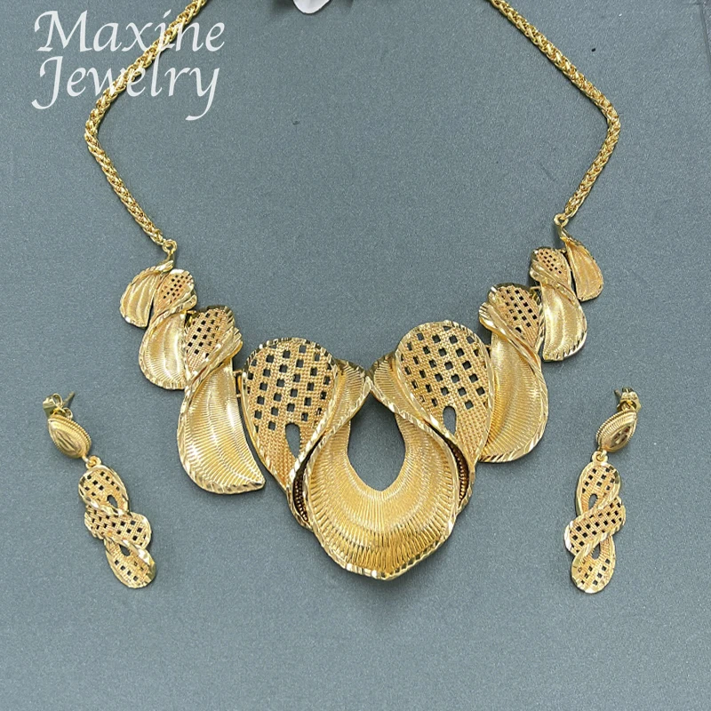 18K Gold Plated Jewelry Set for Women Fashion Necklace Earrings Eardrop Dubai Trendy Female Luxury Retro Wedding Party Gifts - 5