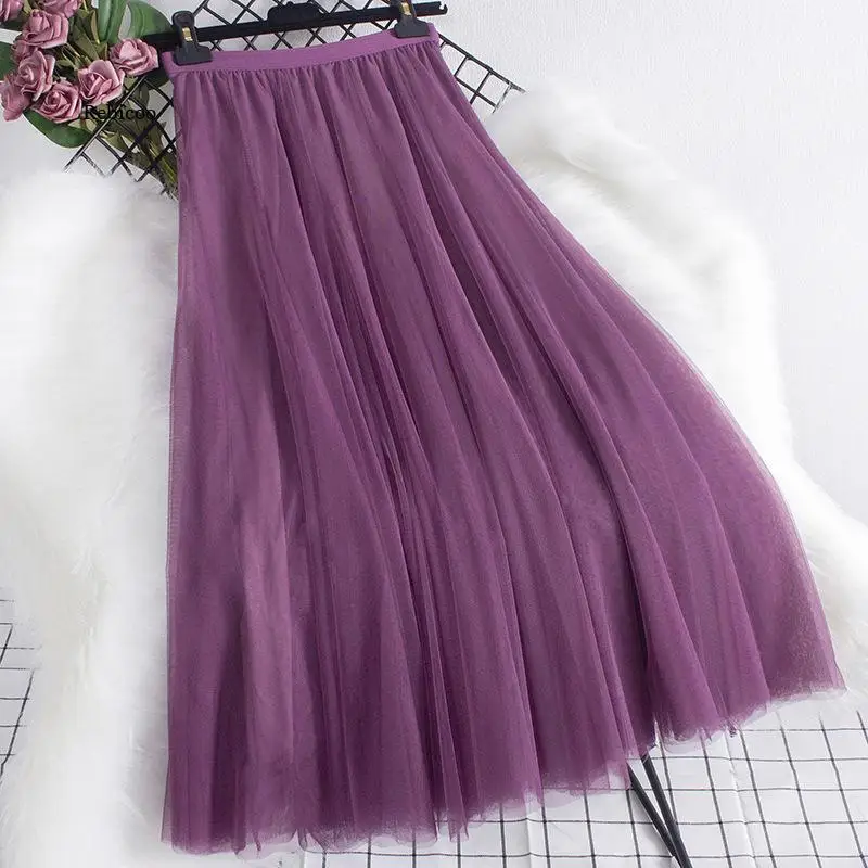 

Sweet Flared Maxi Long Gauze Mesh Skirts Solid A-line Pleated Fairy Ankle Long Swing Tulle Skirts Blue Green Red Coffee