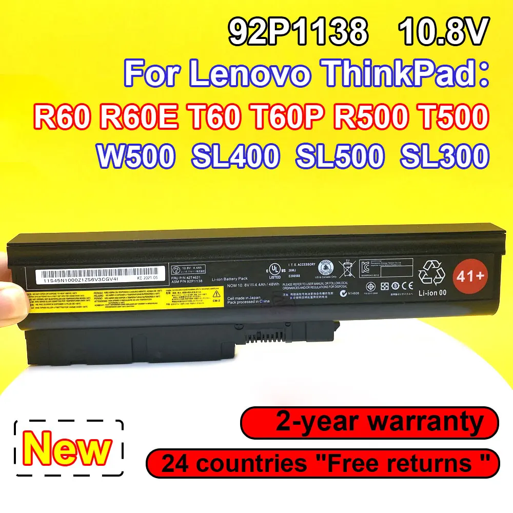 

Replaceable 92P1138 Laptop battery For Lenovo Thinkpad R60 R60E R61 T60 T60P R500 T500 W500 SL400 SL500 SL300 10.8V 4400mAh 41+