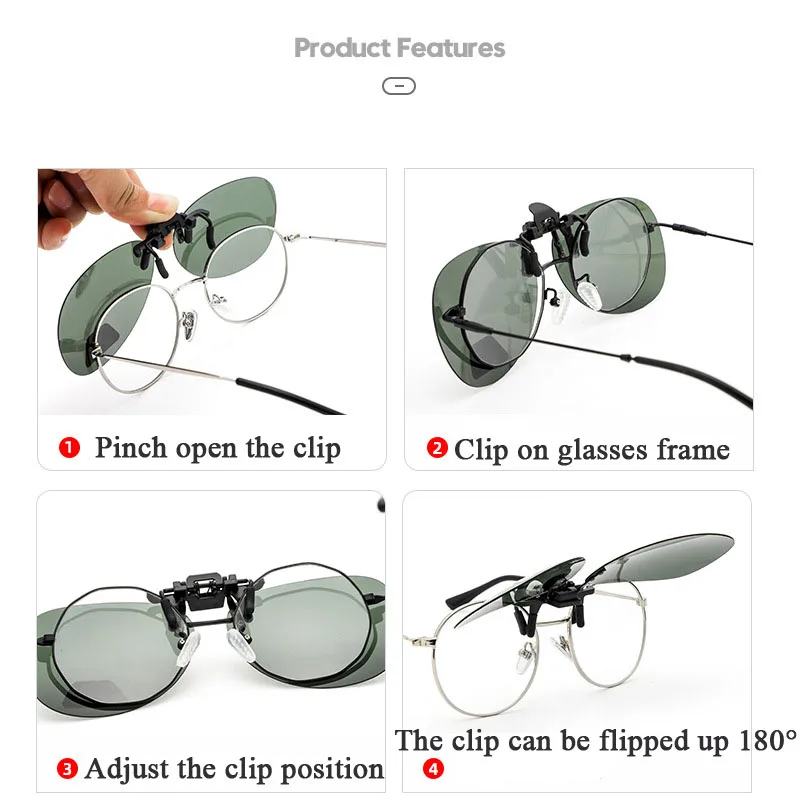 Men Polarized Square Flip Up Clip on Sunglasses Photochromic Polarised Women Sun Glasses for Night Driving Lens