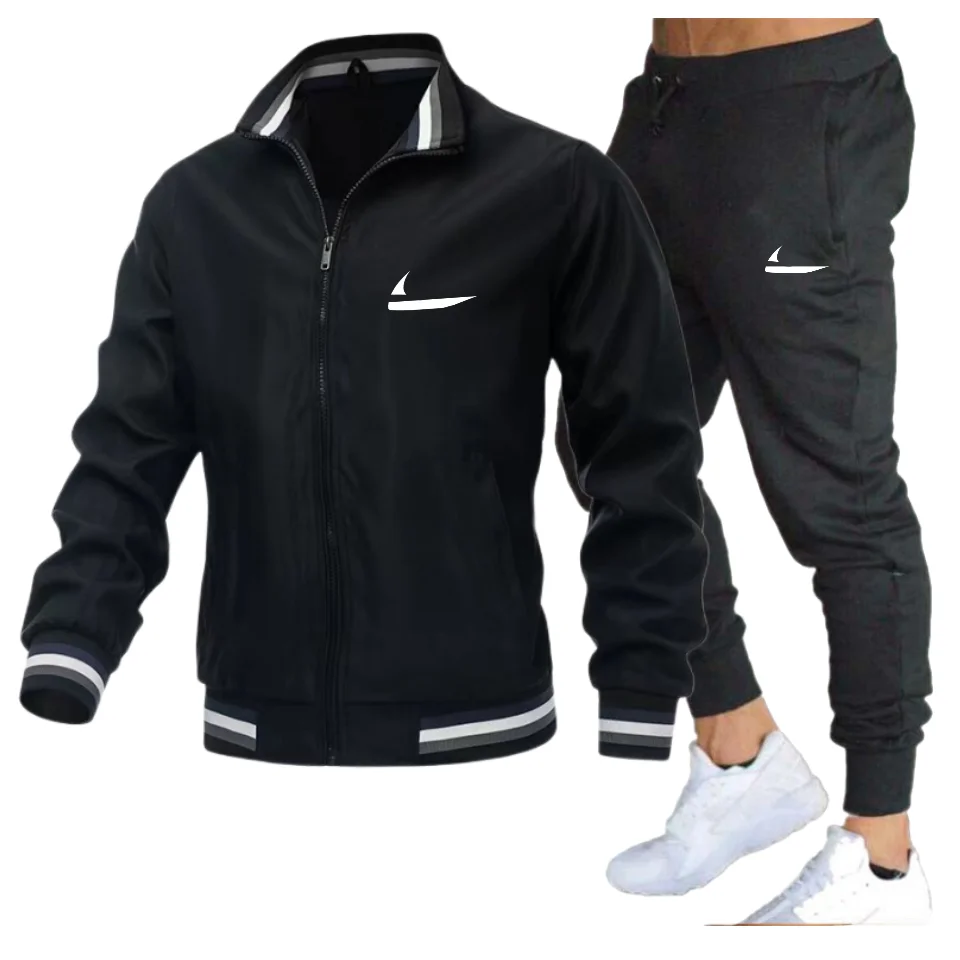 Men Tracksuit Printed Zipper Jacket and Sweatpants 2 Pieces Set Brand High Quality Spring Autumn Stand Collar Male Sportswear