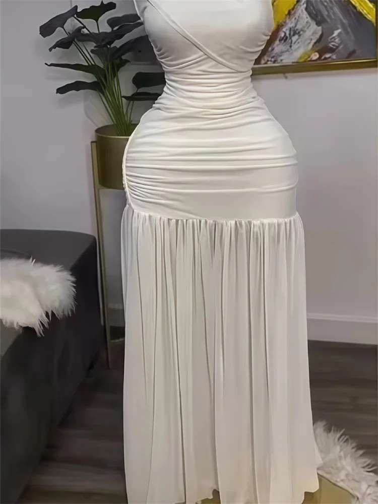 Wmstar Long Dresses for Women 2025 New Solid Color Sleeveless Skew Neck Pleated Slim Slit Maxi Dress Wholesale Dropshipping