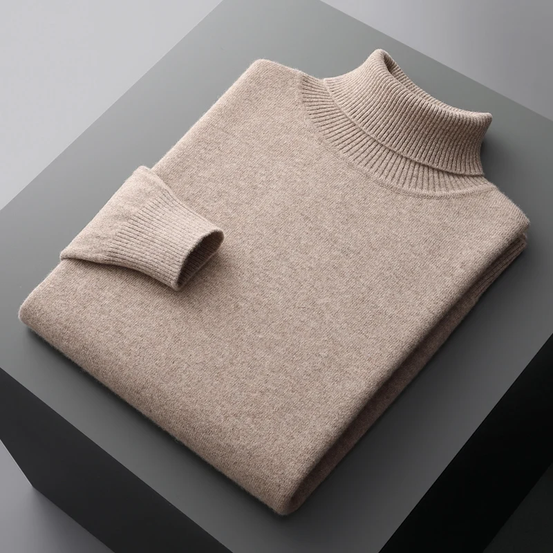 Autumn and winter new 100% pure merino wool pullover men's high-necked cashmere sweater thick warm loose solid color coat.