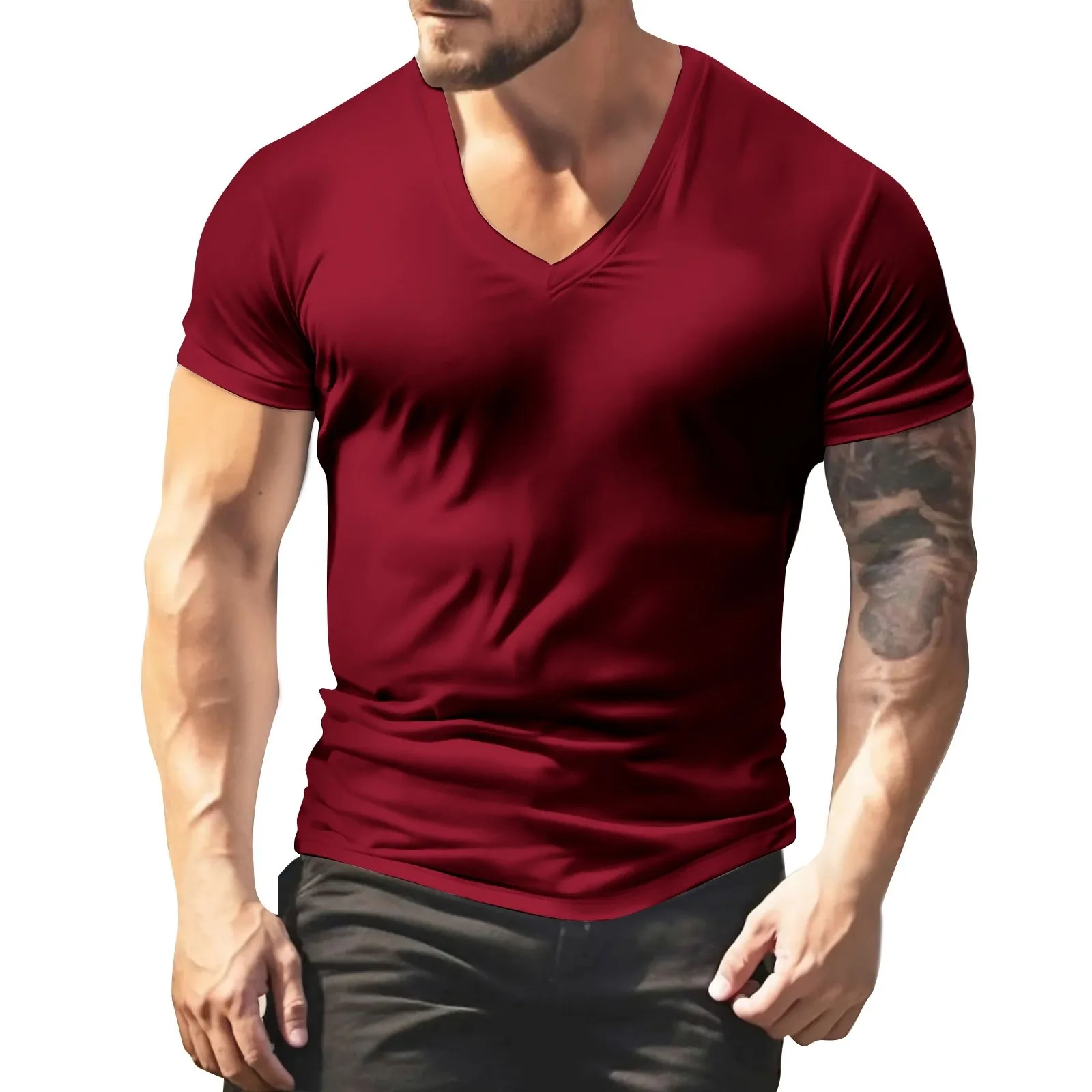 Men'S V-Neck T-Shirt Solid Color Casual T-Shirt Short Sleeve Tops T Shirt Man Tops Summer T Shirt Gym 2025 Camiseta 6 Sa85363f15e7b42a2b1c2fff65ade1343R