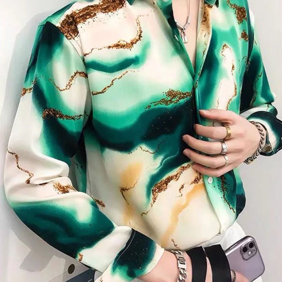 New Spring And Autumn Colorful Design Galaxy Print Long Sleeved Shirt Korean Edition Men's Shopping Travel Top Shirt Lightweight