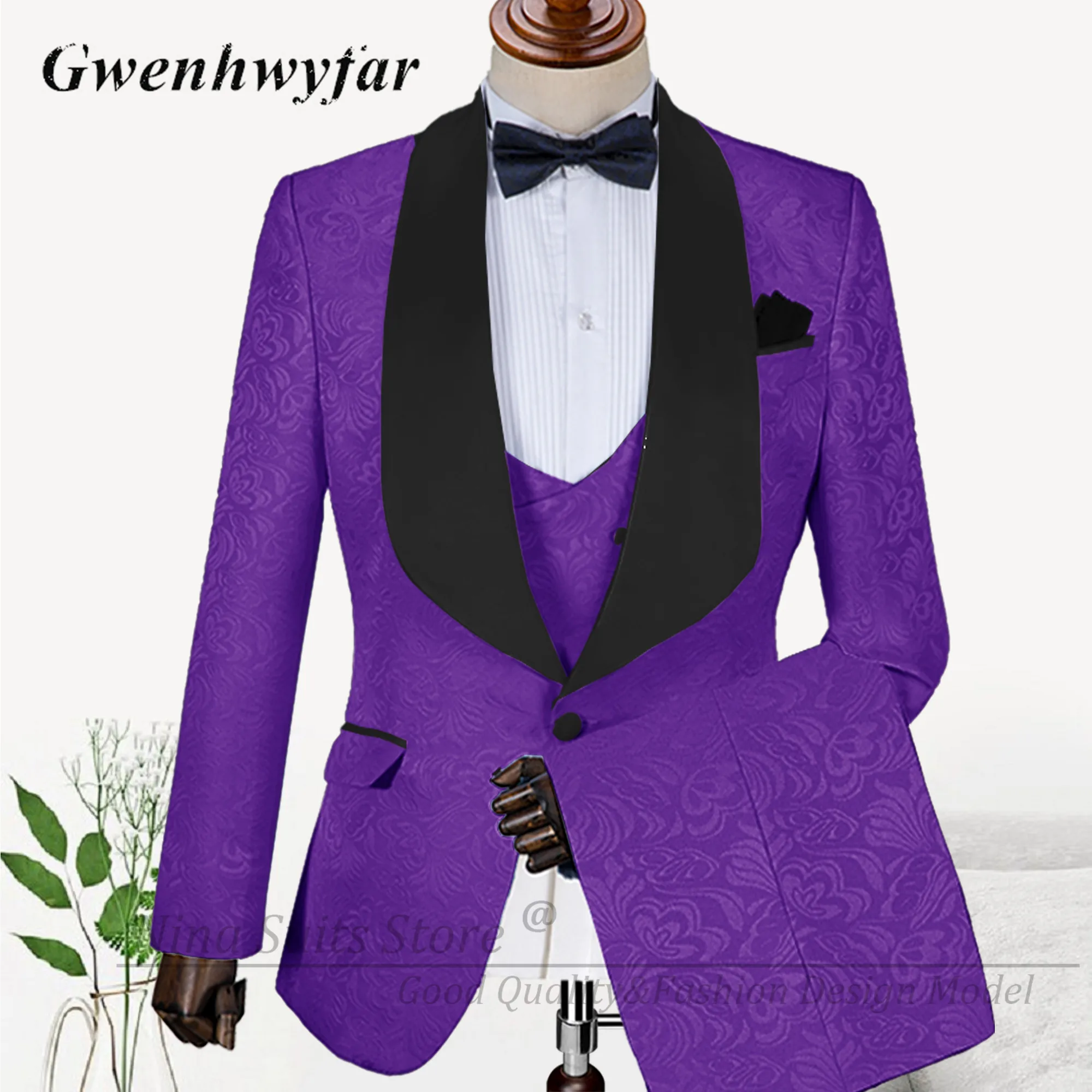 G&N Italian Design Men's Pattern Suits Dark Green Jacqaurd Formal Blazer Pants for Groom Wedding Party Wear Costume Homme