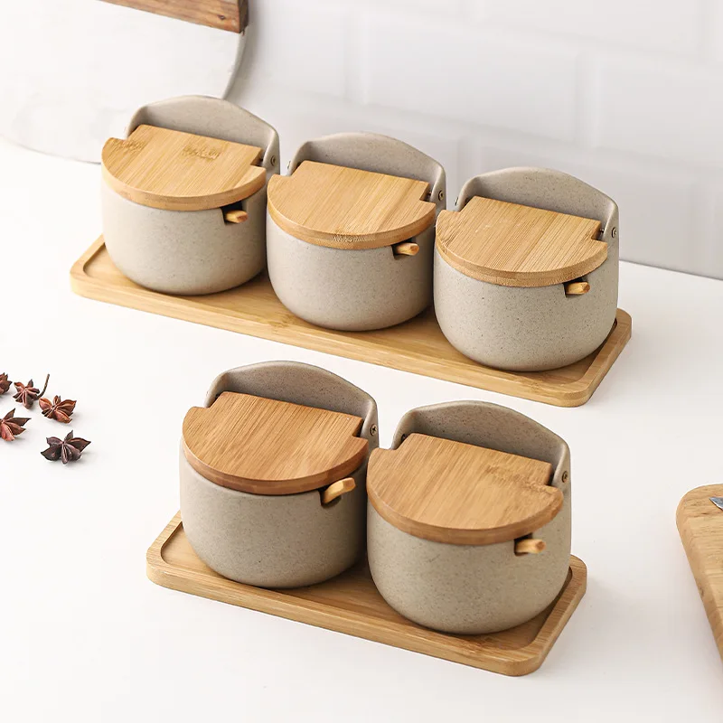 Seasoning Jar Ceramic Seasoning Jars with Wooden Lid Salt Shakers Kitchen Supplies Spice Organizer Canister Spoon Set Salt Shaker Spices Bottle Salt Pepper Shakers