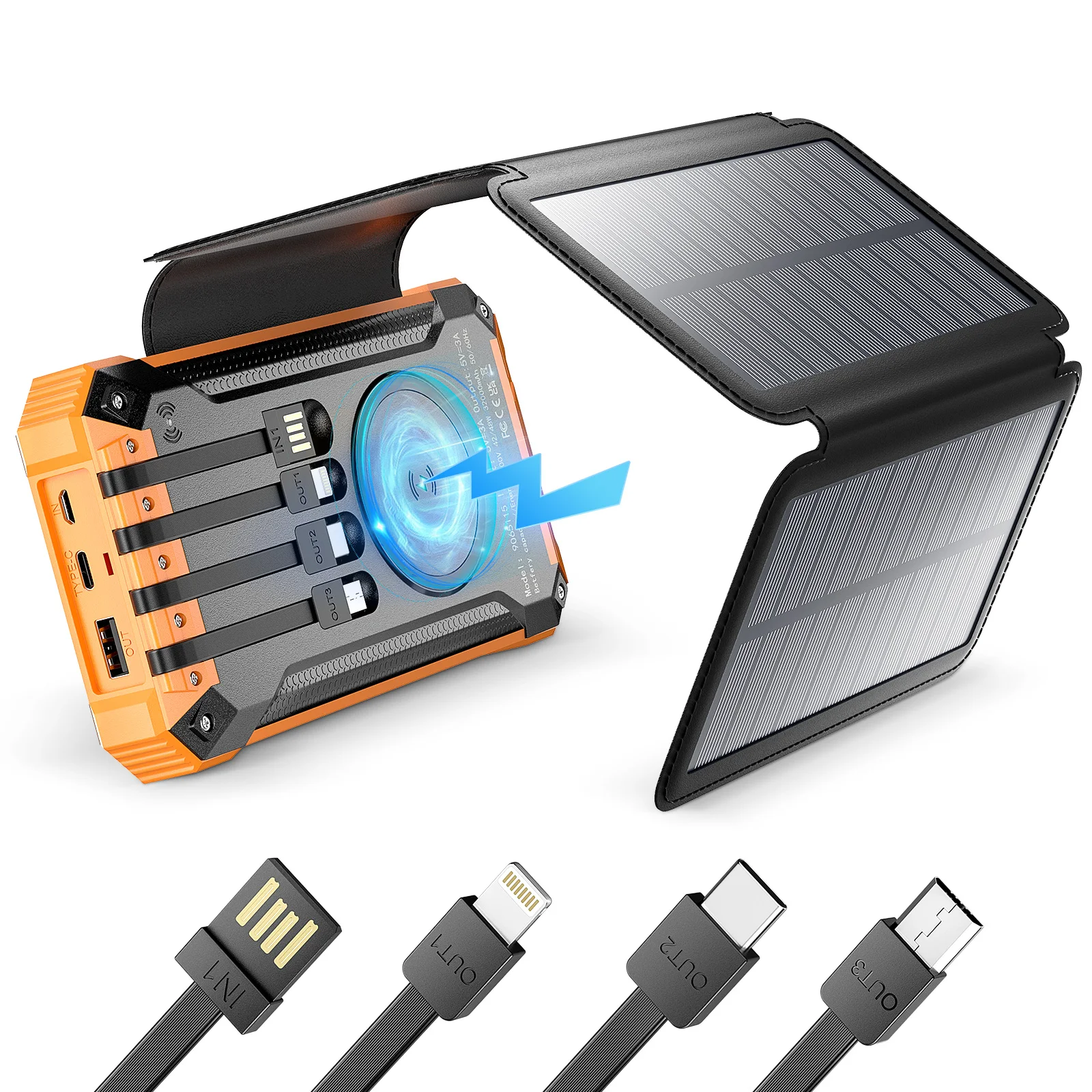 Batterie Externe Solaire 26800mAh Avec Lampes LED Et Charge Sans Fil - 3 Câbles Intégrés