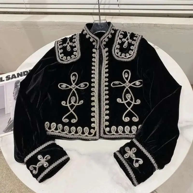 Deat Women Vintage Diamond Button Braided Floral Velvet