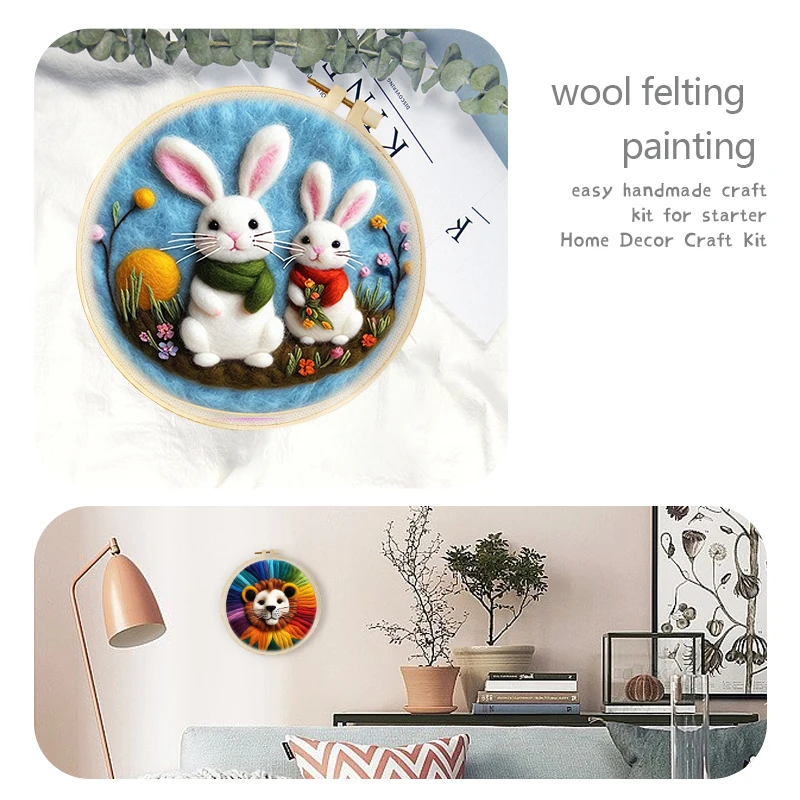GATYZTORY Wool Felt Painting With Embroidery Creative Kit Craft Painting Needle Felting Rabbit, Parrot, Lion Home Wall Decor
