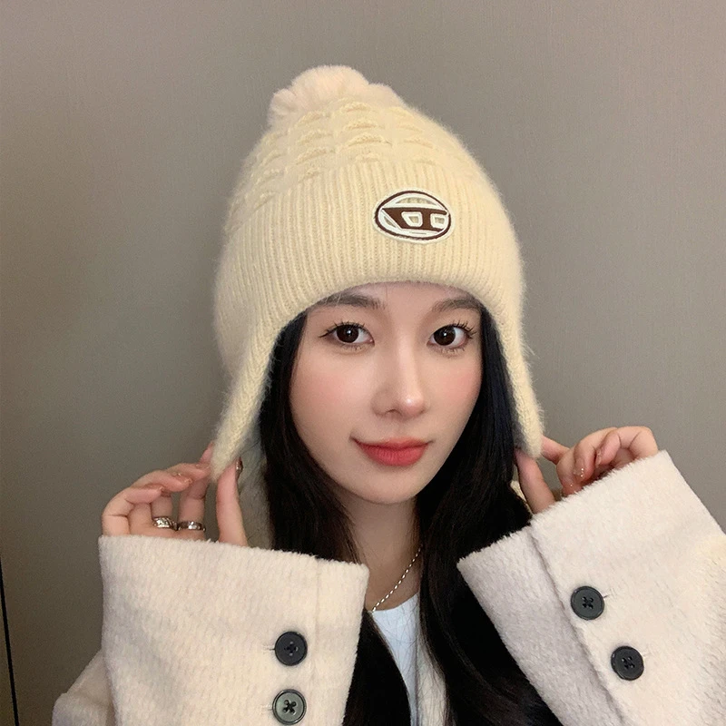 Winter Knit Wool Ear Protection Hats for Women Warm Thicken Plush Lining Beanie Cap with Earflap Outdoor Female Earmuff Hats 6